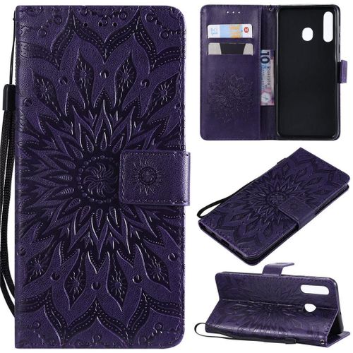 Samsung Galaxy A20 / A30 Coque, Saturcase Fleur Du Soleil Pu Cuir Magnétique Flip Portefeuille Support Porte-Carte Protecteur Coque Housse Étui Avec Dragonne Pour Samsung Galaxy A20 / A30 (Violet)