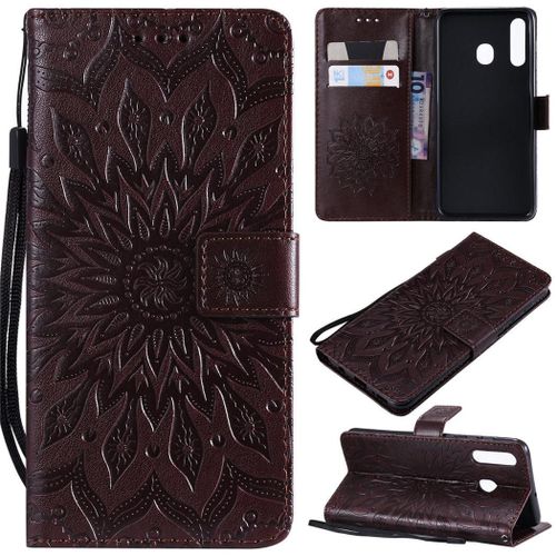 Samsung Galaxy A50 Coque, Saturcase Fleur Du Soleil Pu Cuir Magnétique Flip Portefeuille Support Porte-Carte Protecteur Coque Housse Étui Avec Dragonne Pour Samsung Galaxy A50 (Marron)