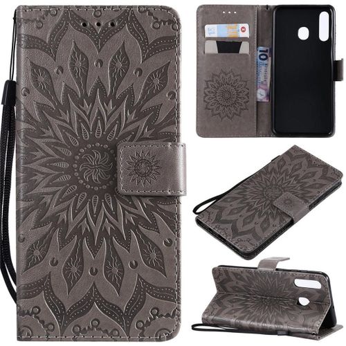 Samsung Galaxy A50 Coque, Saturcase Fleur Du Soleil Pu Cuir Magnétique Flip Portefeuille Support Porte-Carte Protecteur Coque Housse Étui Avec Dragonne Pour Samsung Galaxy A50 (Gris)