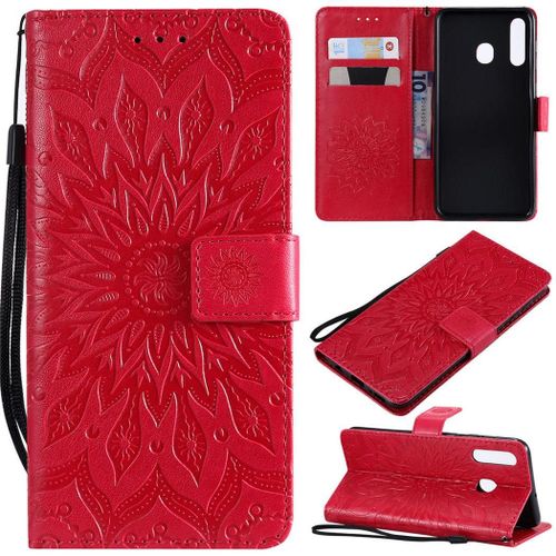 Samsung Galaxy A50 Coque, Saturcase Fleur Du Soleil Pu Cuir Magnétique Flip Portefeuille Support Porte-Carte Protecteur Coque Housse Étui Avec Dragonne Pour Samsung Galaxy A50 (Rouge)