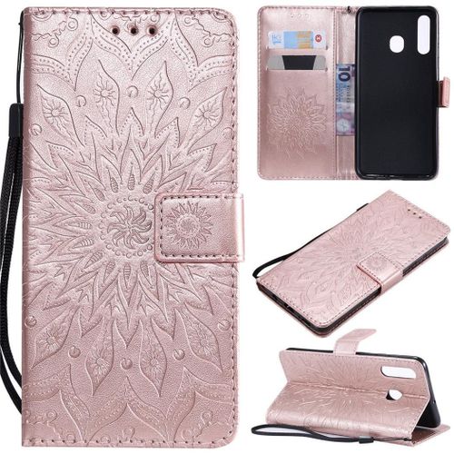Samsung Galaxy A50 Coque, Saturcase Fleur Du Soleil Pu Cuir Magnétique Flip Portefeuille Support Porte-Carte Protecteur Coque Housse Étui Avec Dragonne Pour Samsung Galaxy A50 (Or Rose)