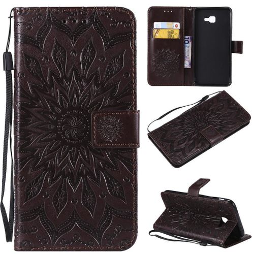 Saturcase Coque Pour Samsung Galaxy J4 Core, Fleur Du Soleil Pu Cuir Magnétique Flip Portefeuille Support Porte-Carte Protecteur Coque Housse Étui Avec Dragonne Pour Samsung Galaxy J4 Core (Marron)