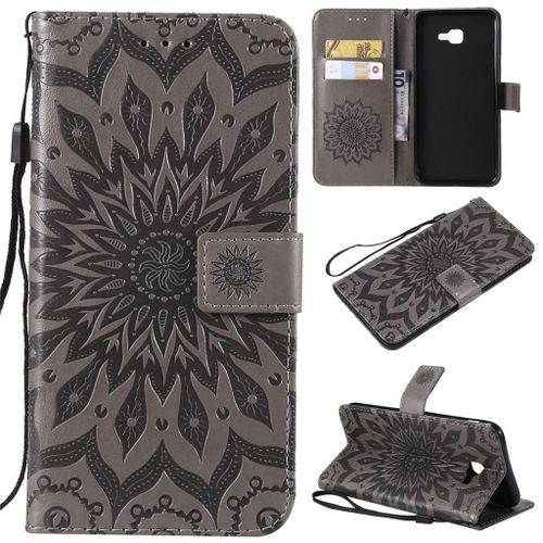 Saturcase Coque Pour Samsung Galaxy J4 Core, Fleur Du Soleil Pu Cuir Magnétique Flip Portefeuille Support Porte-Carte Protecteur Coque Housse Étui Avec Dragonne Pour Samsung Galaxy J4 Core (Gris)