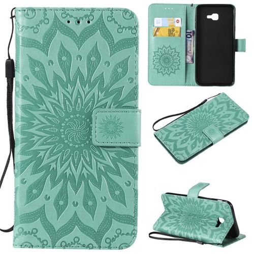 Saturcase Coque Pour Samsung Galaxy J4 Core, Fleur Du Soleil Pu Cuir Magnétique Flip Portefeuille Support Porte-Carte Protecteur Coque Housse Étui Avec Dragonne Pour Samsung Galaxy J4 Core (Vert)
