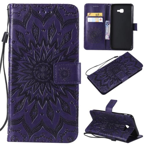 Saturcase Coque Pour Samsung Galaxy J4 Core, Fleur Du Soleil Pu Cuir Magnétique Flip Portefeuille Support Porte-Carte Protecteur Coque Housse Étui Avec Dragonne Pour Samsung Galaxy J4 Core (Violet)