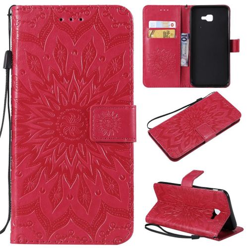 Saturcase Coque Pour Samsung Galaxy J4 Core, Fleur Du Soleil Pu Cuir Magnétique Flip Portefeuille Support Porte-Carte Protecteur Coque Housse Étui Avec Dragonne Pour Samsung Galaxy J4 Core (Rouge)