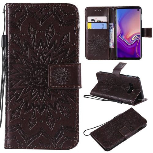 Saturcase Coque Pour Samsung Galaxy S10e, Fleur Du Soleil Gaufrage Pu Cuir Magnétique Flip Portefeuille Support Porte-Carte Protecteur Coque Housse Étui Avec Dragonne Pour Samsung Galaxy S10e (Marron)