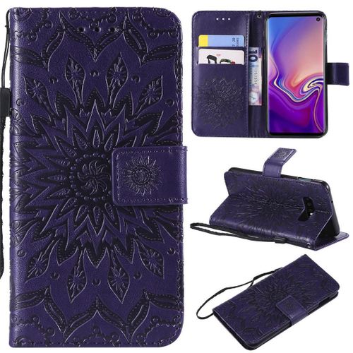 Saturcase Coque Pour Samsung Galaxy S10e, Fleur Du Soleil Gaufrage Pu Cuir Magnétique Flip Portefeuille Support Porte-Carte Protecteur Coque Housse Étui Avec Dragonne Pour Samsung Galaxy S10e (Violet)