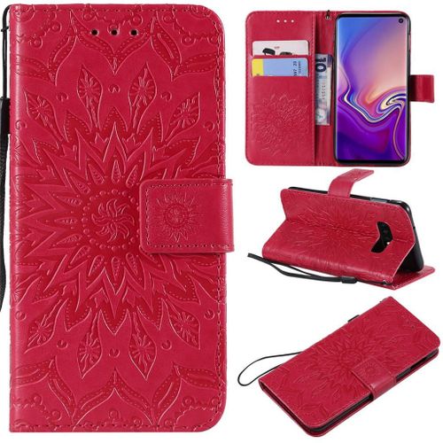 Saturcase Coque Pour Samsung Galaxy S10e, Fleur Du Soleil Gaufrage Pu Cuir Magnétique Flip Portefeuille Support Porte-Carte Protecteur Coque Housse Étui Avec Dragonne Pour Samsung Galaxy S10e (Rouge)