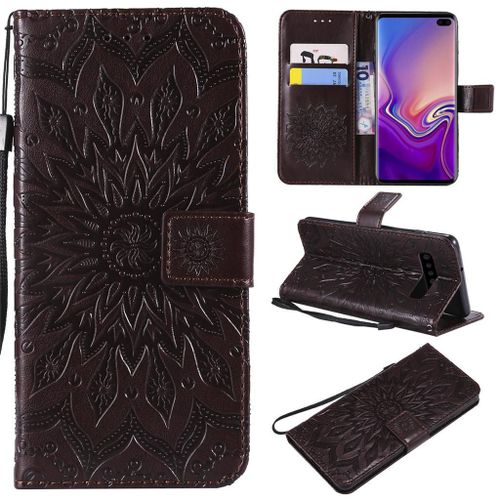 Saturcase Coque Pour Samsung Galaxy S10 Plus, Fleur Du Soleil Pu Cuir Magnétique Flip Portefeuille Support Porte-Carte Protecteur Coque Housse Étui Avec Dragonne Pour Samsung Galaxy S10 Plus (Marron)