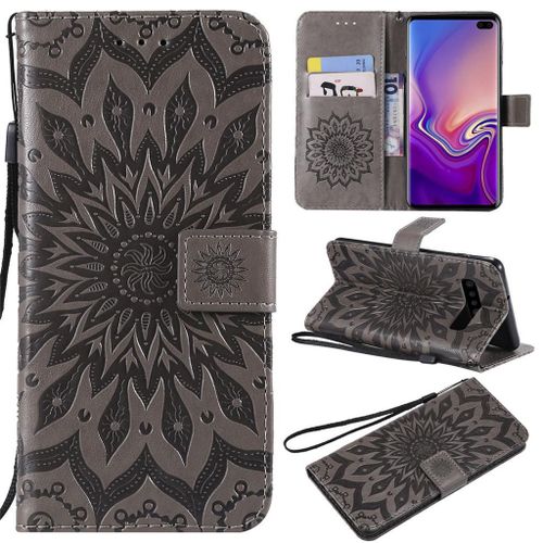 Saturcase Coque Pour Samsung Galaxy S10 Plus, Fleur Du Soleil Pu Cuir Magnétique Flip Portefeuille Support Porte-Carte Protecteur Coque Housse Étui Avec Dragonne Pour Samsung Galaxy S10 Plus (Gris)