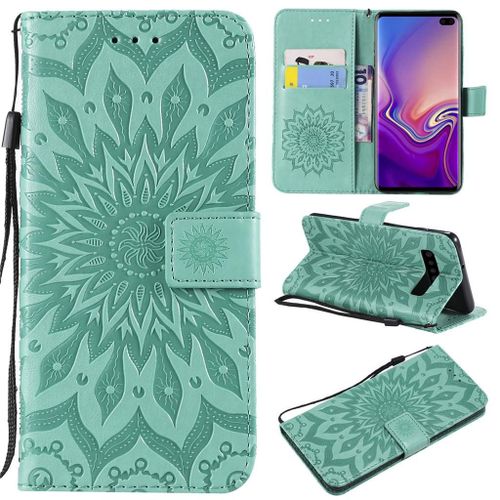 Saturcase Coque Pour Samsung Galaxy S10 Plus, Fleur Du Soleil Pu Cuir Magnétique Flip Portefeuille Support Porte-Carte Protecteur Coque Housse Étui Avec Dragonne Pour Samsung Galaxy S10 Plus (Vert)