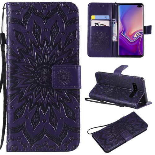 Saturcase Coque Pour Samsung Galaxy S10 Plus, Fleur Du Soleil Pu Cuir Magnétique Flip Portefeuille Support Porte-Carte Protecteur Coque Housse Étui Avec Dragonne Pour Samsung Galaxy S10 Plus (Violet)