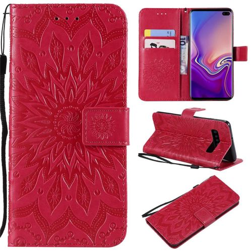 Saturcase Coque Pour Samsung Galaxy S10 Plus, Fleur Du Soleil Pu Cuir Magnétique Flip Portefeuille Support Porte-Carte Protecteur Coque Housse Étui Avec Dragonne Pour Samsung Galaxy S10 Plus (Rouge)