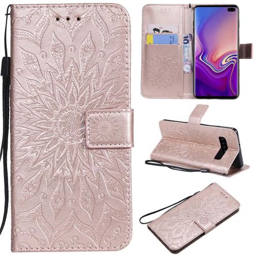 Saturcase Coque Pour Samsung Galaxy S10 Plus, Fleur Du Soleil Pu Cuir Magnétique Flip Portefeuille Support Porte-Carte Protecteur Coque Housse Étui Avec Dragonne Pour Samsung Galaxy S10 Plus (Or Rose)