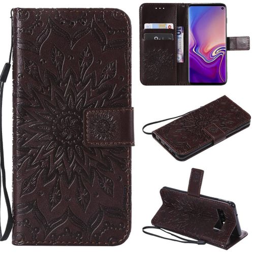Saturcase Coque Pour Samsung Galaxy S10, Fleur Du Soleil Gaufrage Pu Cuir Magnétique Flip Portefeuille Support Porte-Carte Protecteur Coque Housse Étui Avec Dragonne Pour Samsung Galaxy S10 (Marron)
