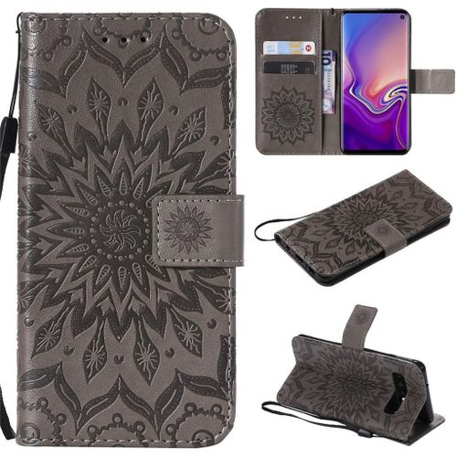 Saturcase Coque Pour Samsung Galaxy S10, Fleur Du Soleil Gaufrage Pu Cuir Magnétique Flip Portefeuille Support Porte-Carte Protecteur Coque Housse Étui Avec Dragonne Pour Samsung Galaxy S10 (Gris)