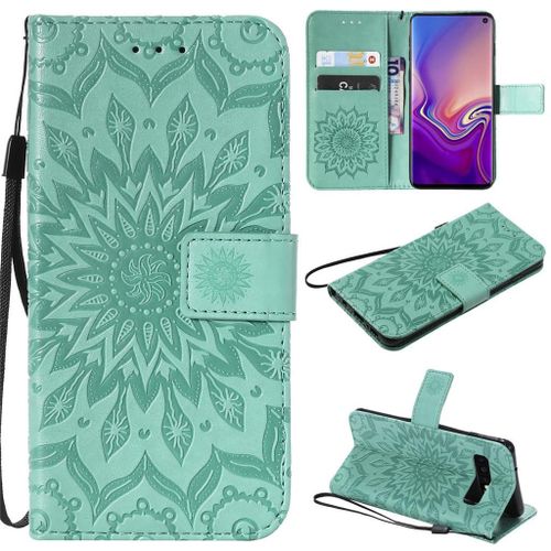 Saturcase Coque Pour Samsung Galaxy S10, Fleur Du Soleil Gaufrage Pu Cuir Magnétique Flip Portefeuille Support Porte-Carte Protecteur Coque Housse Étui Avec Dragonne Pour Samsung Galaxy S10 (Vert)