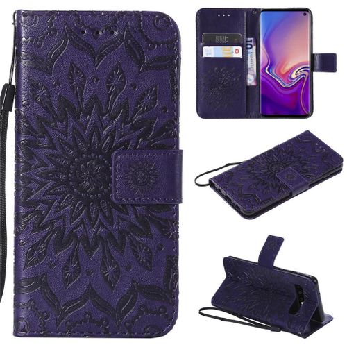 Saturcase Coque Pour Samsung Galaxy S10, Fleur Du Soleil Gaufrage Pu Cuir Magnétique Flip Portefeuille Support Porte-Carte Protecteur Coque Housse Étui Avec Dragonne Pour Samsung Galaxy S10 (Violet)