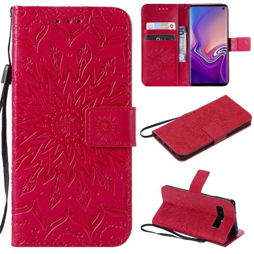 Saturcase Coque Pour Samsung Galaxy S10, Fleur Du Soleil Gaufrage Pu Cuir Magnétique Flip Portefeuille Support Porte-Carte Protecteur Coque Housse Étui Avec Dragonne Pour Samsung Galaxy S10 (Rouge)