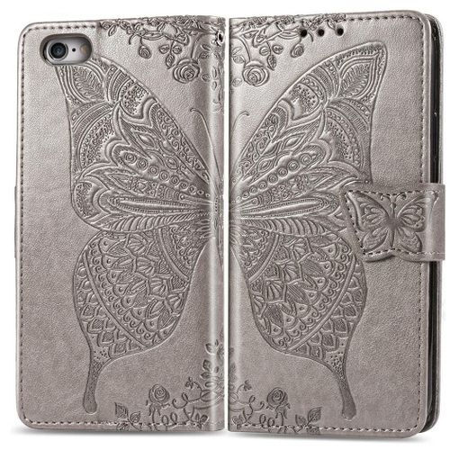 Apple Iphone 6 6s Coque, Saturcase Papillon Gaufrage Pu Cuir Magnétique Flip Portefeuille Support Porte-Carte Protecteur Coque Housse Étui Avec Dragonne Pour Apple Iphone 6 6s (Gris)