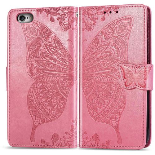 Apple Iphone 6 6s Coque, Saturcase Papillon Gaufrage Pu Cuir Magnétique Flip Portefeuille Support Porte-Carte Protecteur Coque Housse Étui Avec Dragonne Pour Apple Iphone 6 6s (Rose)