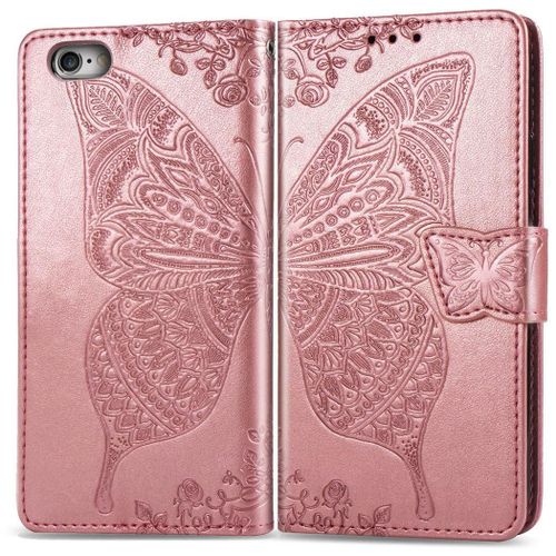 Apple Iphone 6 6s Coque, Saturcase Papillon Gaufrage Pu Cuir Magnétique Flip Portefeuille Support Porte-Carte Protecteur Coque Housse Étui Avec Dragonne Pour Apple Iphone 6 6s (Or Rose)