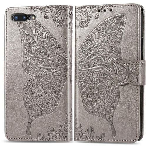 Apple Iphone 7 Plus / 8 Plus Coque, Saturcase Papillon Pu Cuir Magnétique Flip Portefeuille Support Porte-Carte Protecteur Coque Housse Étui Avec Dragonne Pour Apple Iphone 7 Plus / 8 Plus (Gris)