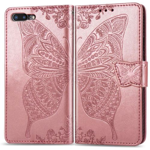 Apple Iphone 7 Plus / 8 Plus Coque, Saturcase Papillon Pu Cuir Magnétique Flip Portefeuille Support Porte-Carte Protecteur Coque Housse Étui Avec Dragonne Pour Apple Iphone 7 Plus / 8 Plus (Or Rose)