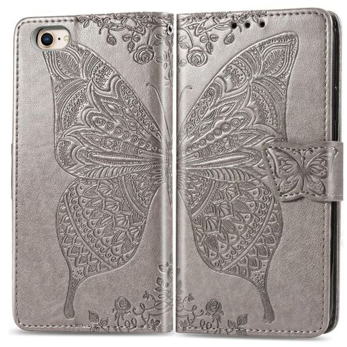 Apple Iphone 7 / Iphone 8 Coque, Saturcase Papillon Gaufrage Pu Cuir Magnétique Flip Portefeuille Support Porte-Carte Protecteur Coque Housse Étui Avec Dragonne Pour Apple Iphone 7 / Iphone 8 (Gris)