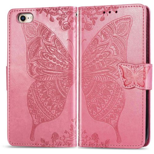 Apple Iphone 7 / Iphone 8 Coque, Saturcase Papillon Gaufrage Pu Cuir Magnétique Flip Portefeuille Support Porte-Carte Protecteur Coque Housse Étui Avec Dragonne Pour Apple Iphone 7 / Iphone 8 (Rose)