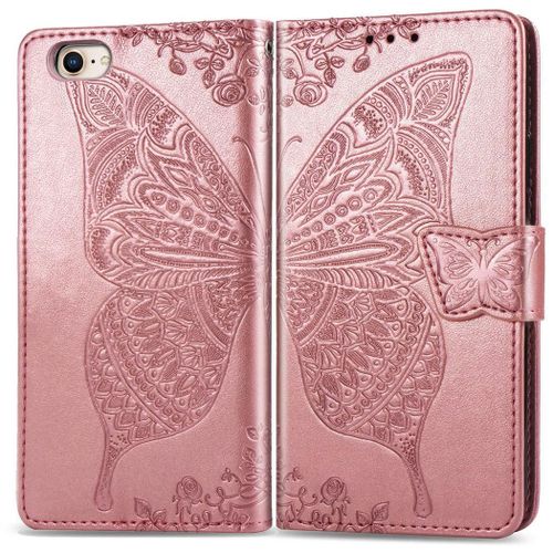 Apple Iphone 7 / Iphone 8 Coque, Saturcase Papillon Pu Cuir Magnétique Flip Portefeuille Support Porte-Carte Protecteur Coque Housse Étui Avec Dragonne Pour Apple Iphone 7 / Iphone 8 (Or Rose)