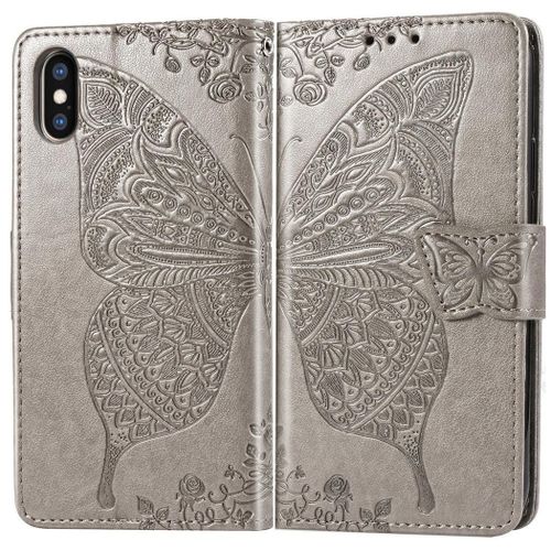 Apple Iphone X / Xs Coque, Saturcase Papillon Gaufrage Pu Cuir Magnétique Flip Portefeuille Support Porte-Carte Protecteur Coque Housse Étui Avec Dragonne Pour Apple Iphone X / Xs (Gris)