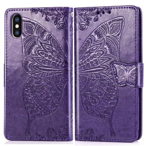 Apple Iphone X / Xs Coque, Saturcase Papillon Gaufrage Pu Cuir Magnétique Flip Portefeuille Support Porte-Carte Protecteur Coque Housse Étui Avec Dragonne Pour Apple Iphone X / Xs (Violet)