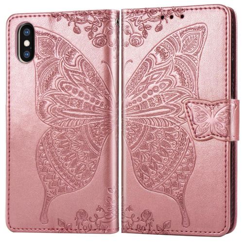 Apple Iphone X / Xs Coque, Saturcase Papillon Gaufrage Pu Cuir Magnétique Flip Portefeuille Support Porte-Carte Protecteur Coque Housse Étui Avec Dragonne Pour Apple Iphone X / Xs (Or Rose)