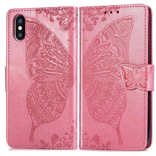 Apple Iphone Xs Max Coque, Saturcase Papillon Gaufrage Pu Cuir Magnétique Flip Portefeuille Support Porte-Carte Protecteur Coque Housse Étui Avec Dragonne Pour Apple Iphone Xs Max (Rose)
