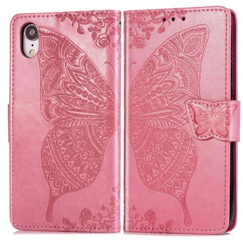 Apple Iphone Xr Coque, Saturcase Papillon Gaufrage Pu Cuir Magnétique Flip Portefeuille Support Porte-Carte Protecteur Coque Housse Étui Avec Dragonne Pour Apple Iphone Xr (Rose)