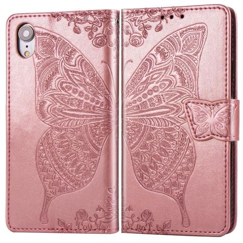 Apple Iphone Xr Coque, Saturcase Papillon Gaufrage Pu Cuir Magnétique Flip Portefeuille Support Porte-Carte Protecteur Coque Housse Étui Avec Dragonne Pour Apple Iphone Xr (Or Rose)