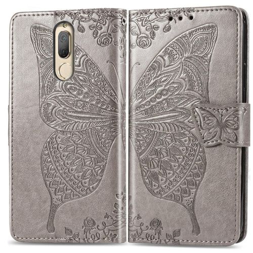 Huawei Mate 10 Lite Coque, Saturcase Papillon Gaufrage Pu Cuir Magnétique Flip Portefeuille Support Porte-Carte Protecteur Coque Housse Étui Avec Dragonne Pour Huawei Mate 10 Lite (Gris)