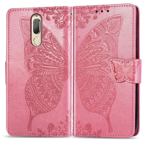 Huawei Mate 10 Lite Coque, Saturcase Papillon Gaufrage Pu Cuir Magnétique Flip Portefeuille Support Porte-Carte Protecteur Coque Housse Étui Avec Dragonne Pour Huawei Mate 10 Lite (Rose)