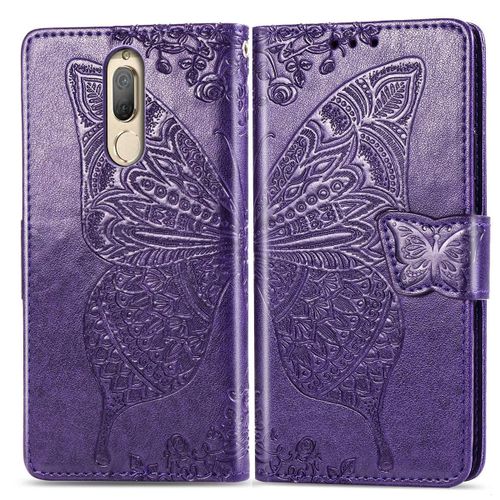 Huawei Mate 10 Lite Coque, Saturcase Papillon Gaufrage Pu Cuir Magnétique Flip Portefeuille Support Porte-Carte Protecteur Coque Housse Étui Avec Dragonne Pour Huawei Mate 10 Lite (Violet)