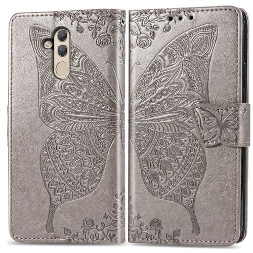 Huawei Mate 20 Lite Coque, Saturcase Papillon Gaufrage Pu Cuir Magnétique Flip Portefeuille Support Porte-Carte Protecteur Coque Housse Étui Avec Dragonne Pour Huawei Mate 20 Lite (Gris)