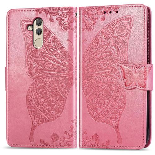 Huawei Mate 20 Lite Coque, Saturcase Papillon Gaufrage Pu Cuir Magnétique Flip Portefeuille Support Porte-Carte Protecteur Coque Housse Étui Avec Dragonne Pour Huawei Mate 20 Lite (Rose)
