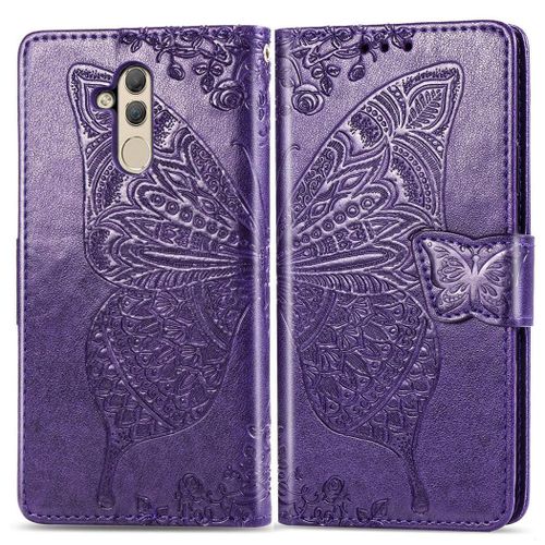 Huawei Mate 20 Lite Coque, Saturcase Papillon Gaufrage Pu Cuir Magnétique Flip Portefeuille Support Porte-Carte Protecteur Coque Housse Étui Avec Dragonne Pour Huawei Mate 20 Lite (Violet)