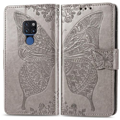 Huawei Mate 20 Coque, Saturcase Papillon Gaufrage Pu Cuir Magnétique Flip Portefeuille Support Porte-Carte Protecteur Coque Housse Étui Avec Dragonne Pour Huawei Mate 20 (Gris)