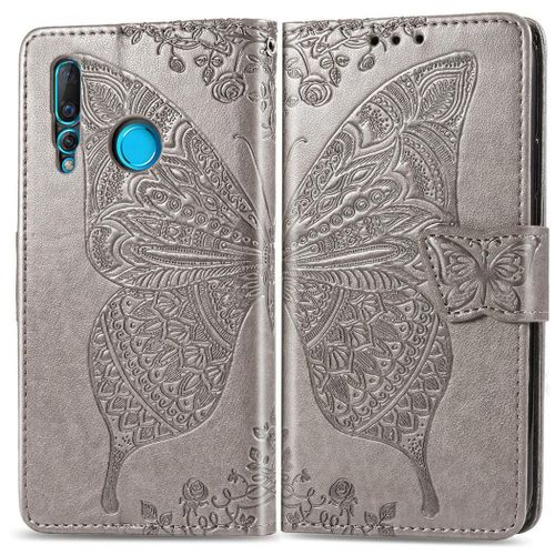 Huawei Nova 4 Coque, Saturcase Papillon Gaufrage Pu Cuir Magnétique Flip Portefeuille Support Porte-Carte Protecteur Coque Housse Étui Avec Dragonne Pour Huawei Nova 4 (Gris)