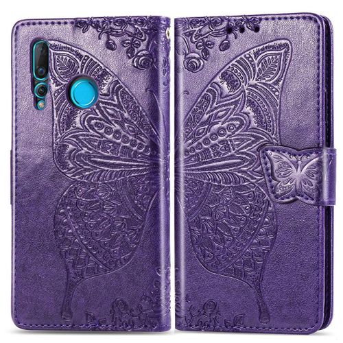 Huawei Nova 4 Coque, Saturcase Papillon Gaufrage Pu Cuir Magnétique Flip Portefeuille Support Porte-Carte Protecteur Coque Housse Étui Avec Dragonne Pour Huawei Nova 4 (Violet)