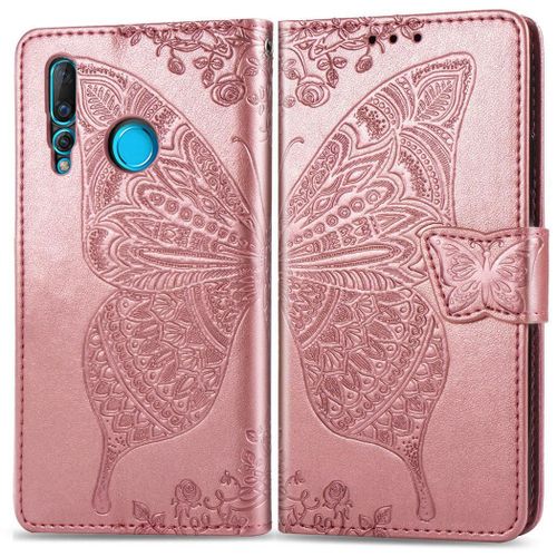 Huawei Nova 4 Coque, Saturcase Papillon Gaufrage Pu Cuir Magnétique Flip Portefeuille Support Porte-Carte Protecteur Coque Housse Étui Avec Dragonne Pour Huawei Nova 4 (Or Rose)