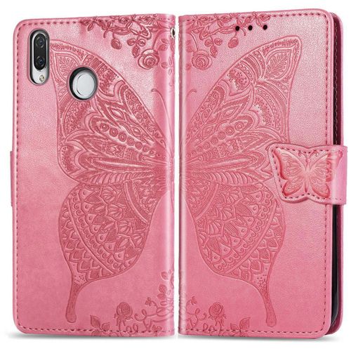 Huawei P20 Lite Coque, Saturcase Papillon Gaufrage Pu Cuir Magnétique Flip Portefeuille Support Porte-Carte Protecteur Coque Housse Étui Avec Dragonne Pour Huawei P20 Lite (Rose)