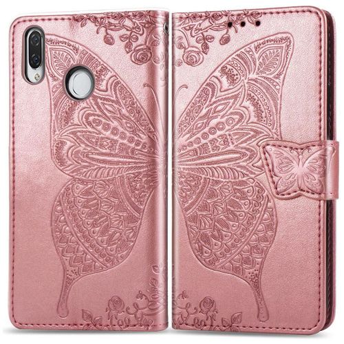 Huawei P20 Lite Coque, Saturcase Papillon Gaufrage Pu Cuir Magnétique Flip Portefeuille Support Porte-Carte Protecteur Coque Housse Étui Avec Dragonne Pour Huawei P20 Lite (Or Rose)